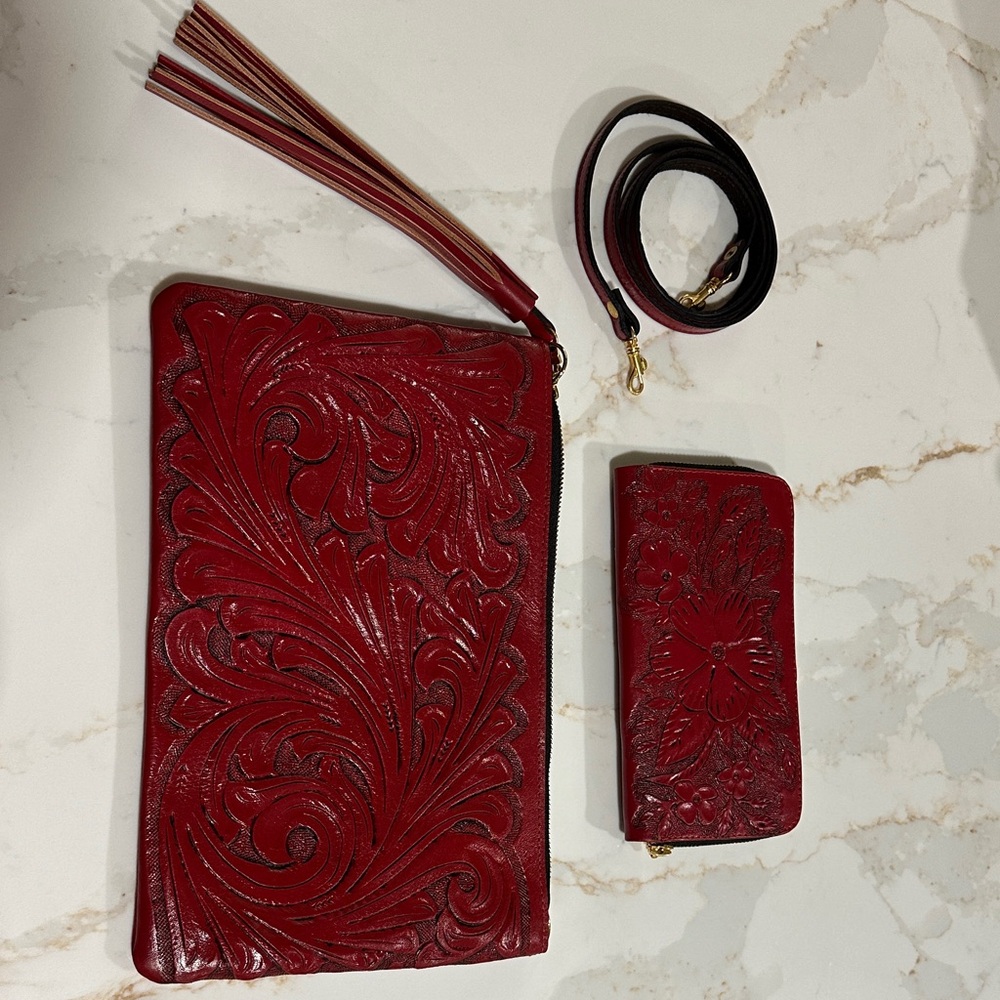 Tooled Red Leather Clutch with Tassel and Matching Wallet